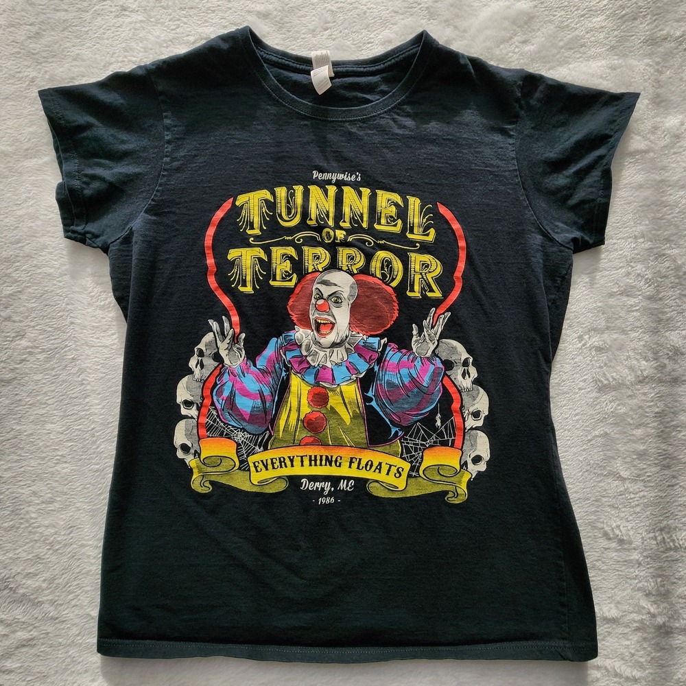 Stephen King IT Pennywise Clown T Shirt Womens XL‎ Tunnel of Terror Horror Tee